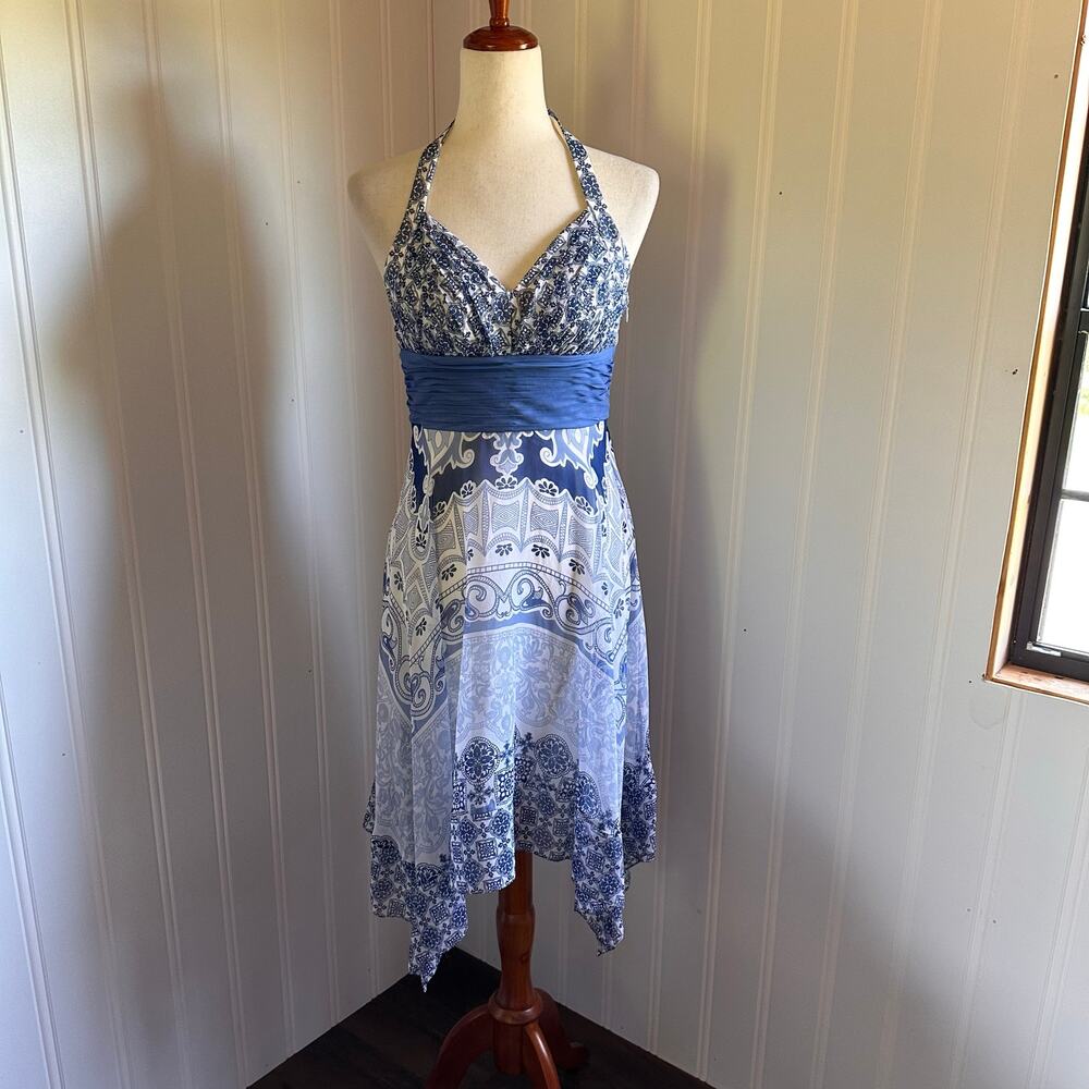 Vintage Y2K Blue Silk Halter Dress 4P